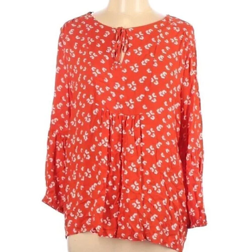 CHRISTIAN SIRIANO New York Red Coral ish White Floral Tie Neck 3/4 Sleeve Blouse